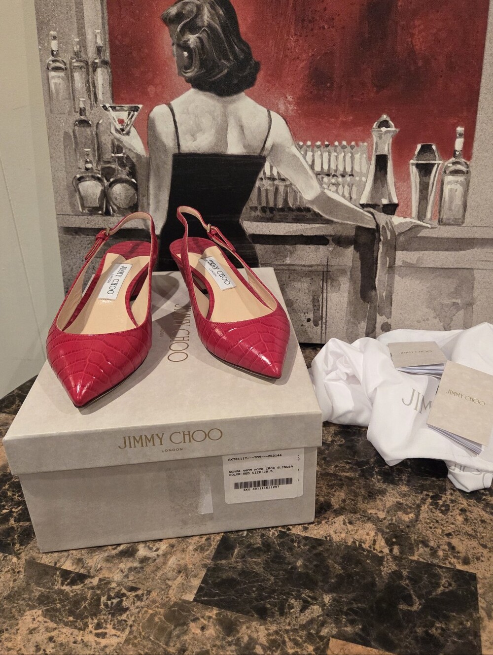 NWT!! JIMMY CHOO Gemma 40 Red Croc Slingback Pumps Low Heel SZ 8.5